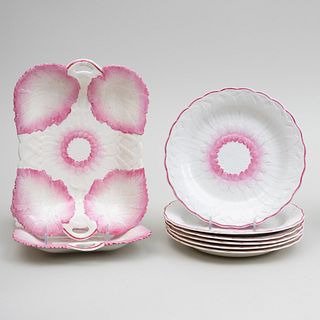 Group of Six Wedgwood Pink and White Porcelain Basketweave and Flower Plates and Two Double Handled Dishes