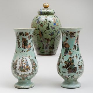 Pair of Chinoiserie Green Ground Decalcomania Vases and a Jar and Cover