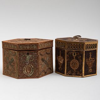 Two English Polychrome and Gilt Roll Paper Tea Caddies