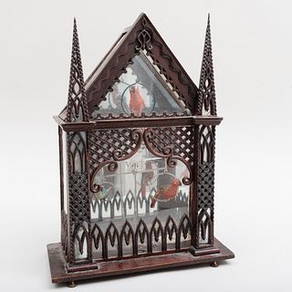 Neo-Gothic Stained Wood, Mirror and Glass Model of a Birdcage