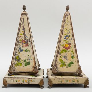 Pair of Floral Cream Painted Tôle Obelisks