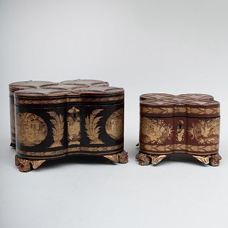 Pair of Chinese Export Shaped Lacquer Tea Caddies