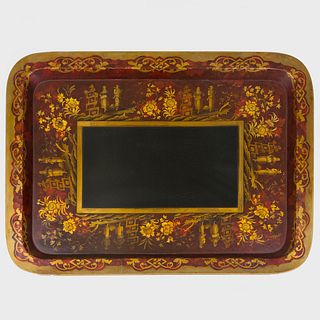 Large Victorian Red and Black Painted and Parcel-Gilt Papier MachÃ© Tray