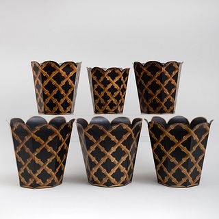 Set of Five Faux Bamboo Tole Painted Wastebaskets in Graduated Sizes