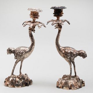 Pair of Silvered-Metal Ostrich Candlesticks