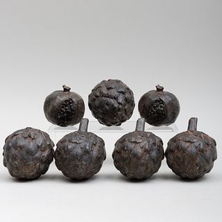 Group of Five Cast Metal Models of Artichokes and Two Cast Metal Models of Pomegranates