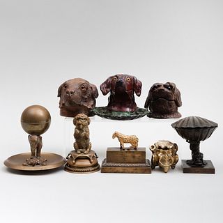 Group of Eight English and Continental Carved Wood and Bronze Animal Form Inkwells