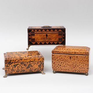  English Marquetry Inlaid Bird's Eye Maple Box, a Faux Tortoiseshell Decorated Work Box, and a Faux Tortoiseshell Decorated Tea Caddy