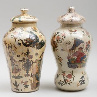 Two Cream Ground Decalcomania Jars and Covers