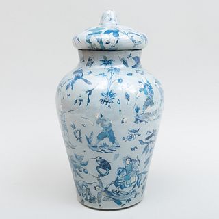 Large Continental Pale Blue Ground  Decalcomania Jar and Cover