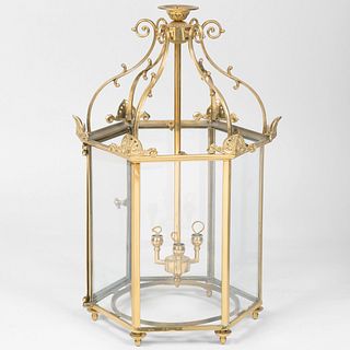 Regency Style Three-Light Brass Hexagonal-Shaped Lantern, 20th Century