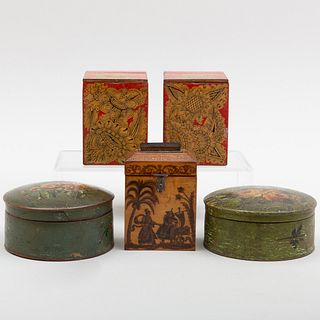 Pair English Painted Circular Boxes, Tea Caddies and a Small Inlaid Bank