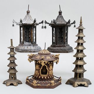 Group of Five Asian Metal Models of Pagodas