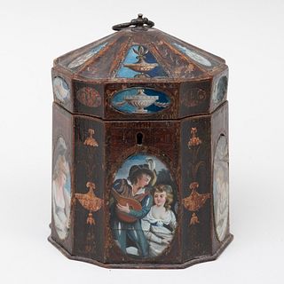 George III Painted Tea Caddy with Inlaid Reverse Glass Painted Panels