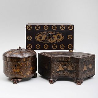 Three Chinese Export Lacquer Tea Caddies
