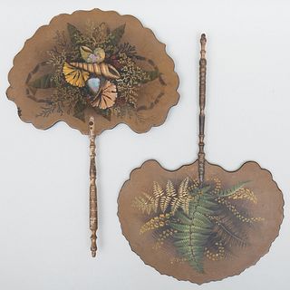 Pair of English Papier Mache Face Fans, Decorated with Ferns and Shells