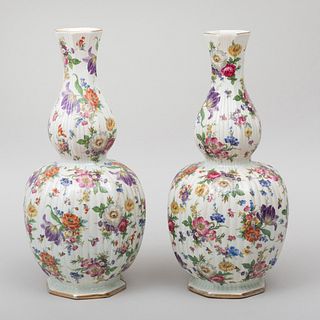 Pair English Porcelain Fluted Double Baluster 'Chintz' Vases