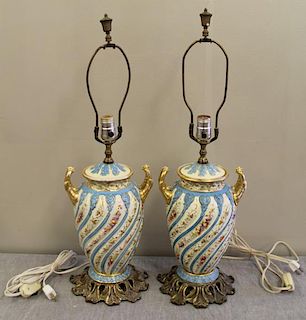Pair of Gilt and Floral Decorated Porcelain Lamps.