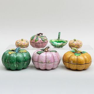 Group of Six Chinese Export Enamel Gourd Form Boxes and a Lotus Cup