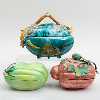 Two Continental Porcelain and an Enamel Melon Form Boxes and Covers