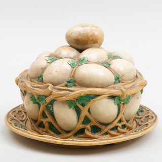 Wilhelm Schiller & Son Pottery Trompe L'Oeil Basket of Eggs and Cover with Under Plate