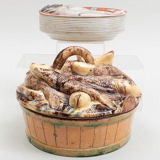 Majolica Basket of Fish Form Dish and Cover and a Japanese Fish Form Box and Cover
