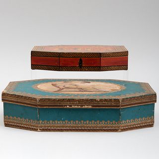 English Polychrome Painted Box and a Decoupage Cut Paper Box
