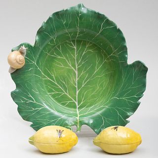 Continental Porcelain Leaf Form Dish and Two Lemon Form Boxes and Covers with Trompe L'Oeil Decoration