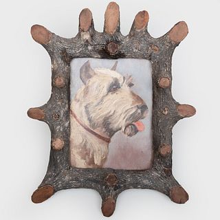 Folk Art Painting of a Dog in a Rusticated Tree Branch Frame