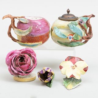Group of Five Porcelain Fruit and Flower Form Desk Articles