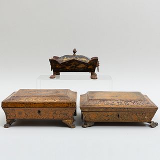 Two Regency Penwork Boxes and a Chinoiserie Box