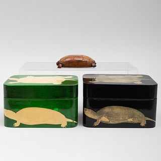 Pair of Modern Decoupage Turtle Boxes and a Carved Wood Turtle Form Stamp Box