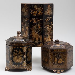 Group of Three Chinese Export Lacquer Tea Caddies