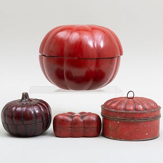 Three Asian Lacquer Gourd Form Boxes and a Painted Tin Spice Box