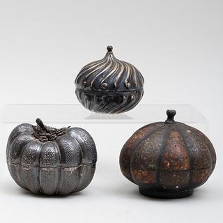 Tiffany & Co. Silver Plate Lobed Box and Cover, a Silvered Metal Pumpkin Form Box and Cover, and a Lacquered Melon Form Box and Cover