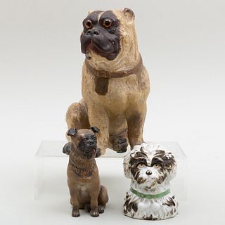 Two Dog Form Tobacco Jars and Cover and a Terracotta Model Seated Pug
