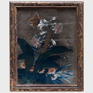 Chinese Export Reverse Glass Painted Flower Study with Butterfly