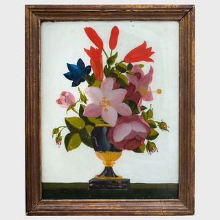 English Reverse Glass Painted Framed Floral Still Life