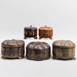 Five Chinese Export Lacquer Lobed Tea Caddies