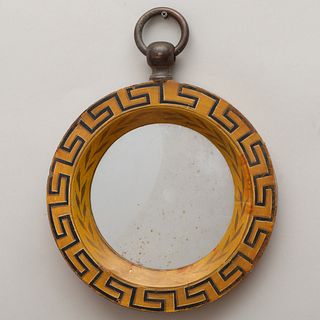 Pair of Small Circular TÃ´le Peinte Mirrors with Greek Key Borders