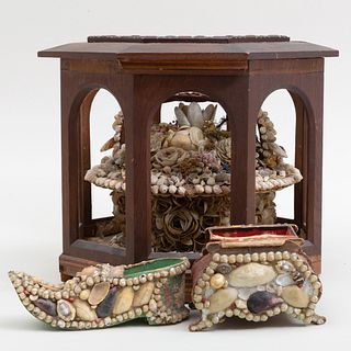 Victorian Shell Basket in an Octagonal Wood Case and Two Shell Decorated Paper Boxes
