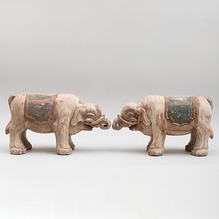 Pair of Japanese Polychrome Carved Wood Elephants Form Stands