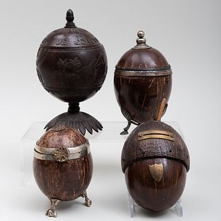 Two Silver Plate-Mounted Coconut Boxes and Coconut Bank, and a Carved Coconut Cup and Cover