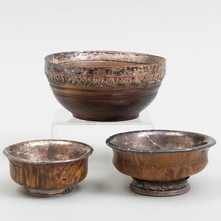 Three Metal-Mounted Turned Wood Bowls