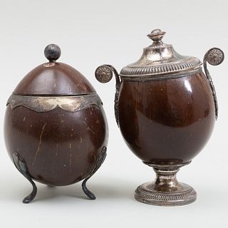 Two Silver Plate-Mounted Coconut Cups and Cover