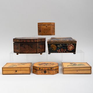 Group of Six English Polychrome Painted Boxes 