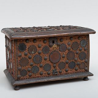Continental Fabric Covered Coin-Mounted Wood Table Casket