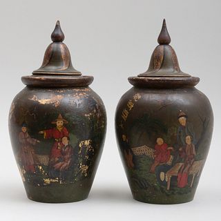 Pair of Chinoiserie Polychrome Painted Terracotta Jars with a Pair of Painted Wood Covers