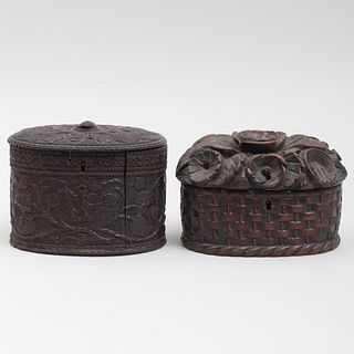 Two Continental Carved Wood Oval Tea Caddies