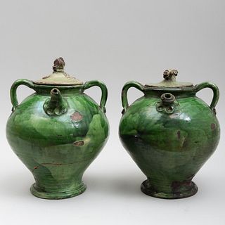 Pair of Continental Green Glazed Earthenware Pottery Lidded Ewer Jars
